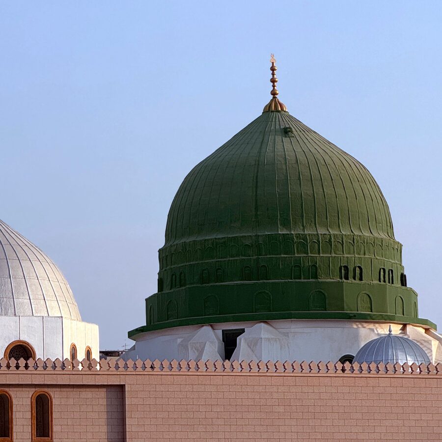 The green dome of the Prophet’s Mosque in Madinah.