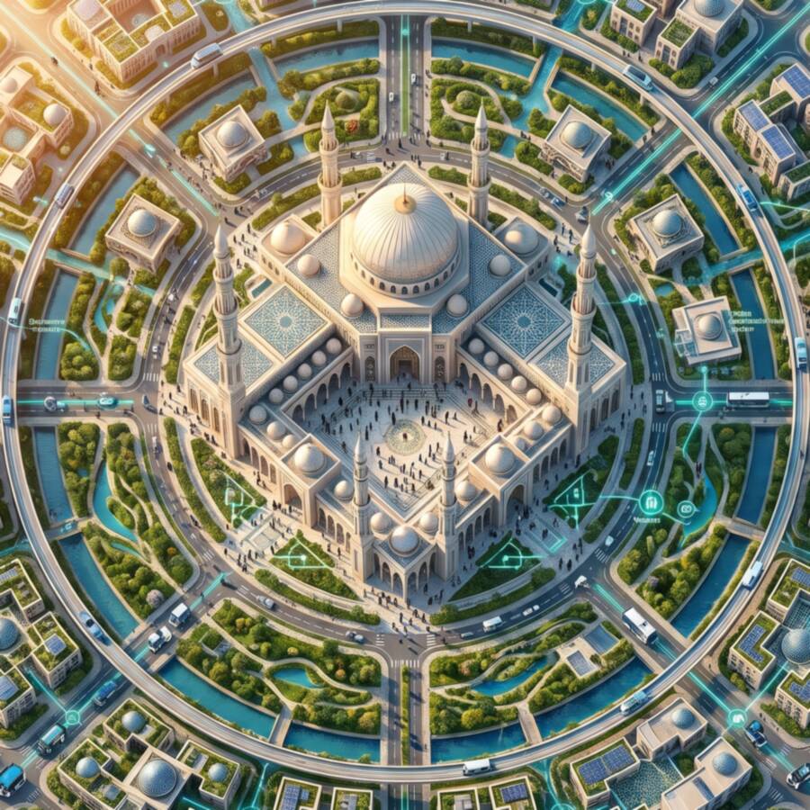 A mosque at the centre of a city, with roads and waterways radiating outward in rings.