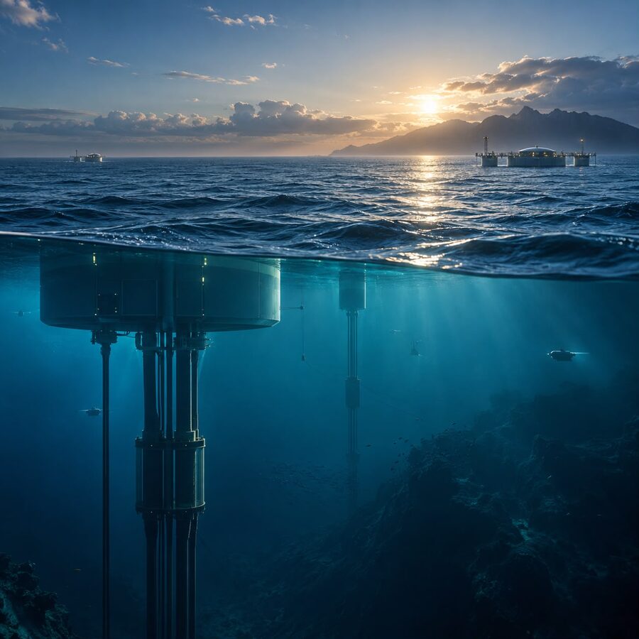 An ocean thermal energy platform at dawn, seen above and below the waterline.
