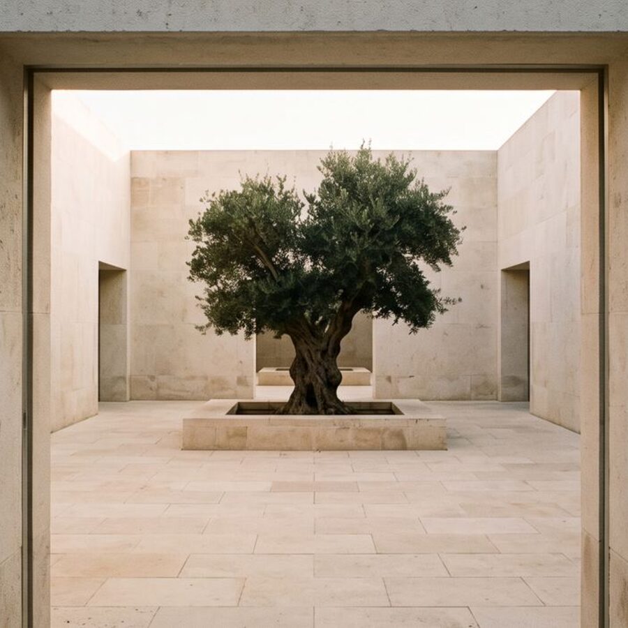 A stone courtyard, lit from above.