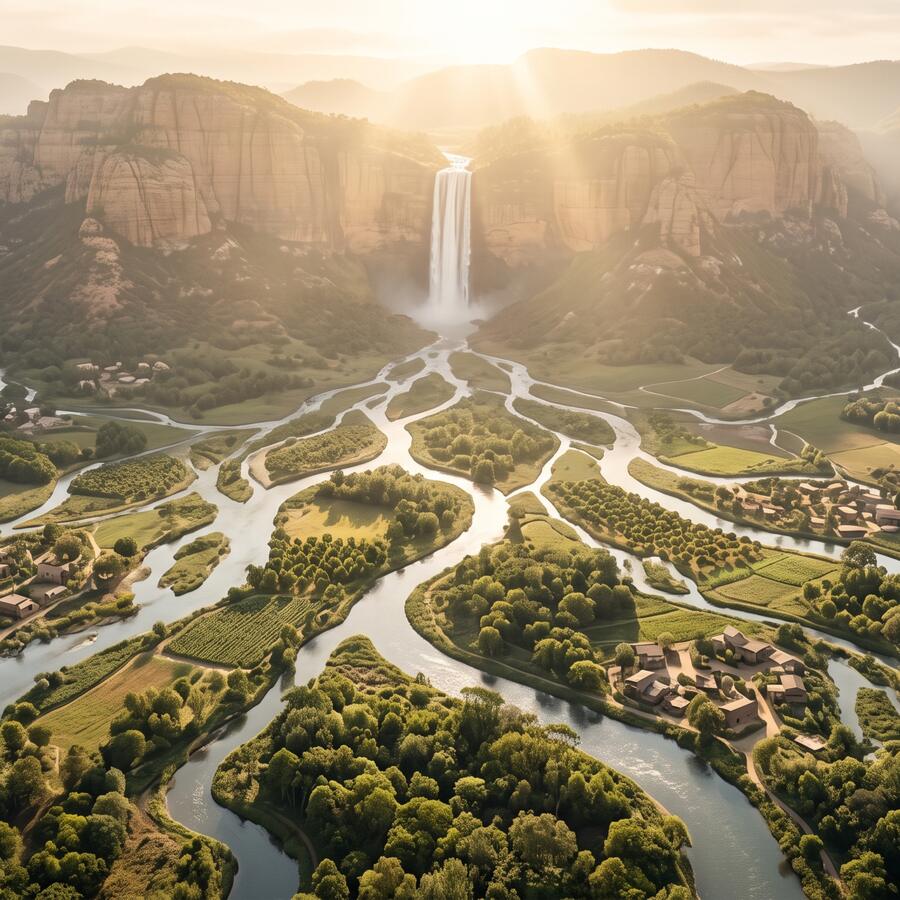 A waterfall breaking into many rivers that branch out across a green valley.